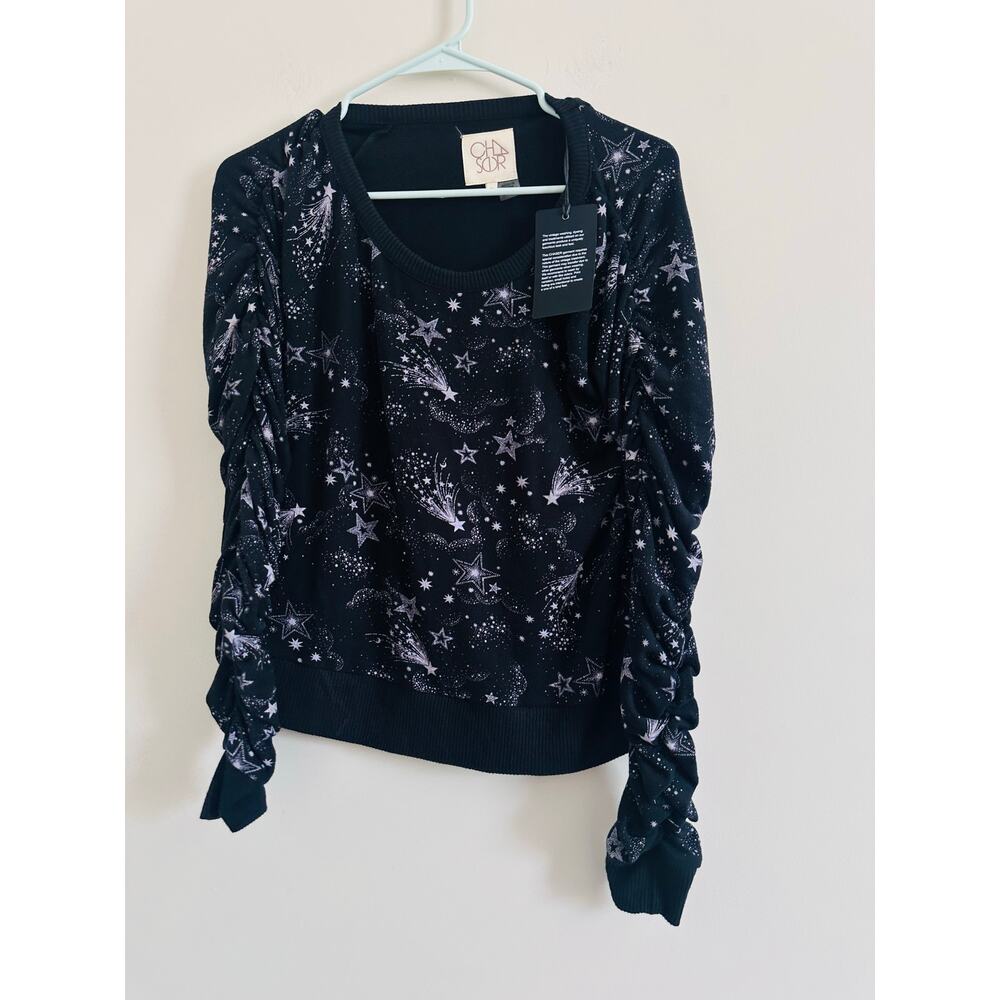 Chaser NWT Shirred Sleeve Star Print Sweater Size Small - Picture 2 of 4